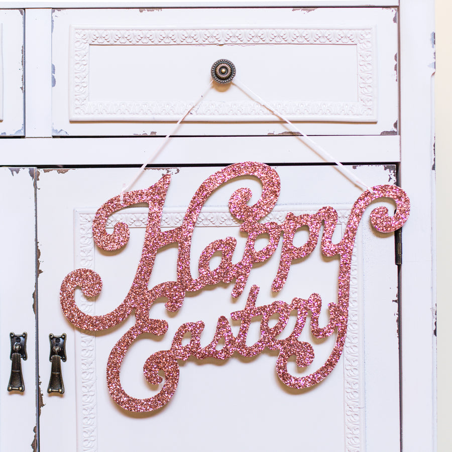 Pink Glittered Happy Easter Sign