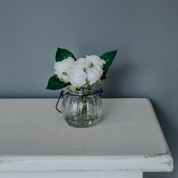White Roses in Hanging Glass Vase